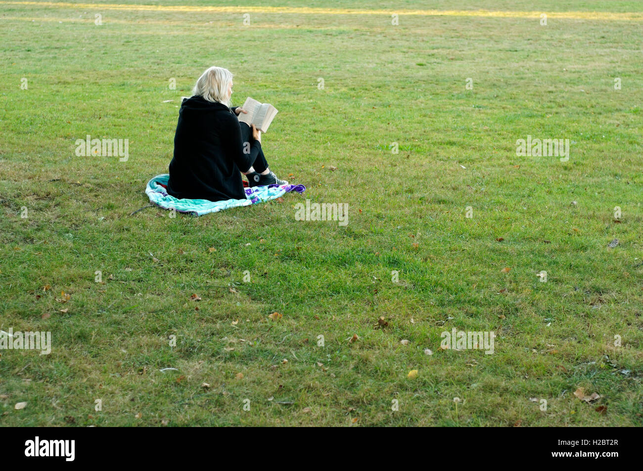 Woman sitting on green grass reading a book Stock Photo