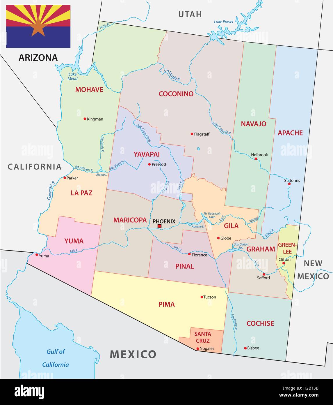 Administrative Map of Arizona with Flag
