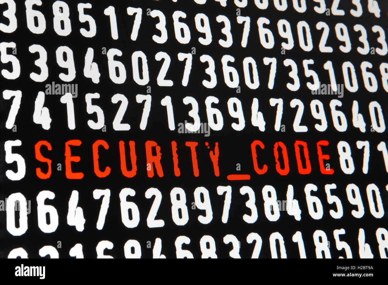 Computer screen with security code text on black background. Horizontal ...