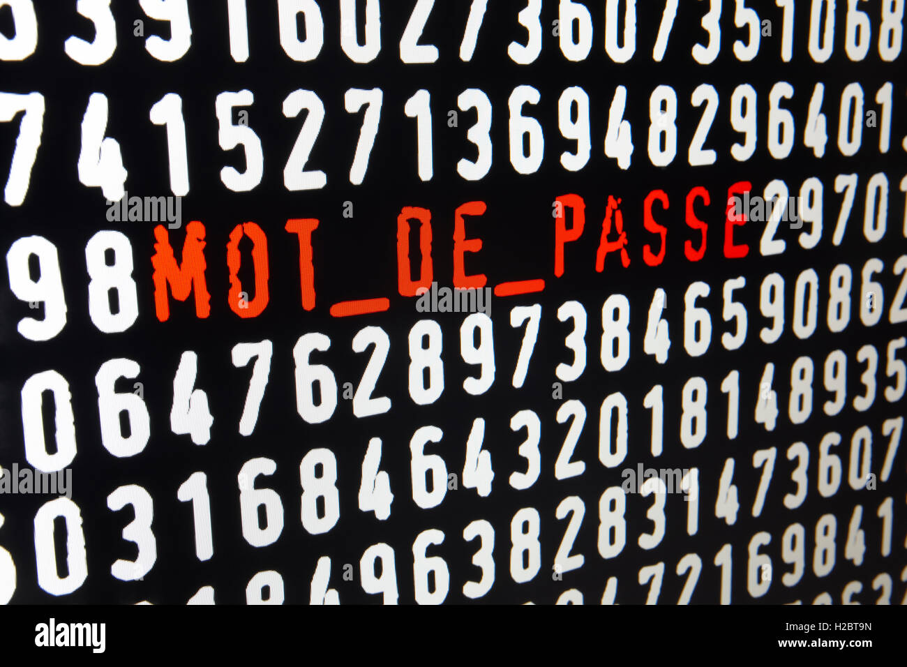 Computer screen with mot de passe text on black background. Horizontal ...