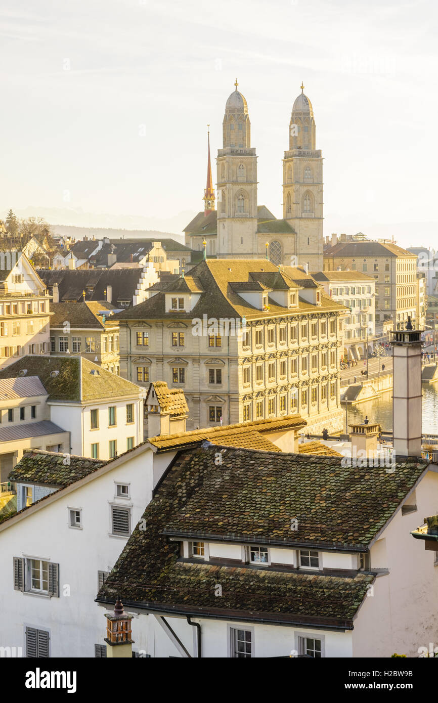 View of the old town (Altstadt) and the Grossmunster (great minster) church, in Zurich, Switzerland Stock Photo