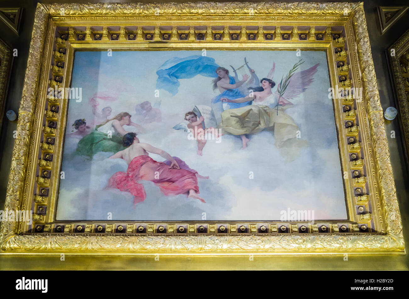 Painting on the ceiling of the Wolfson library 1 at the Royal Society, London, England. Stock Photo