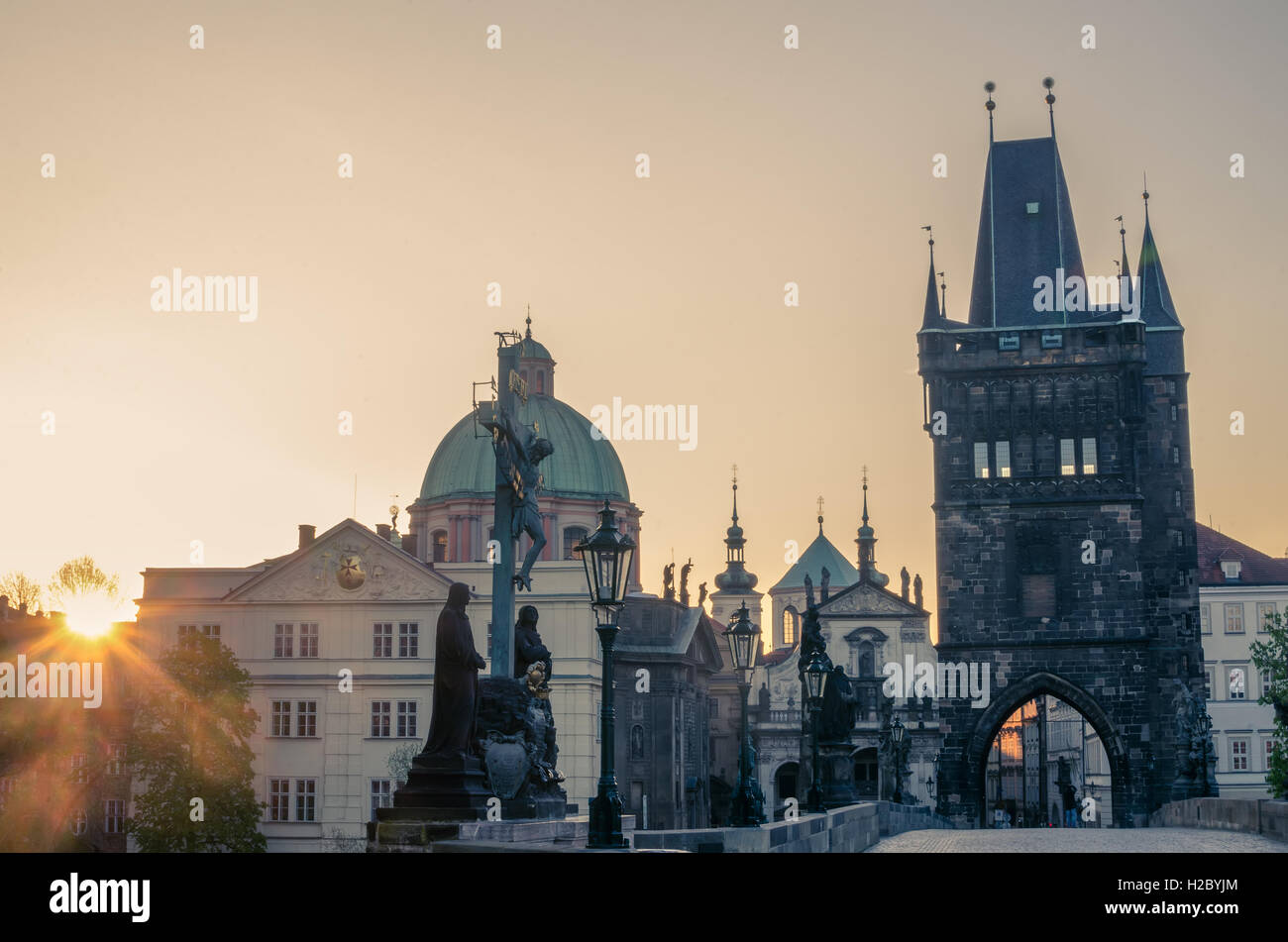 Prague, Czech Republic: Charles or Karluv Bridge in the sunrise Stock Photo