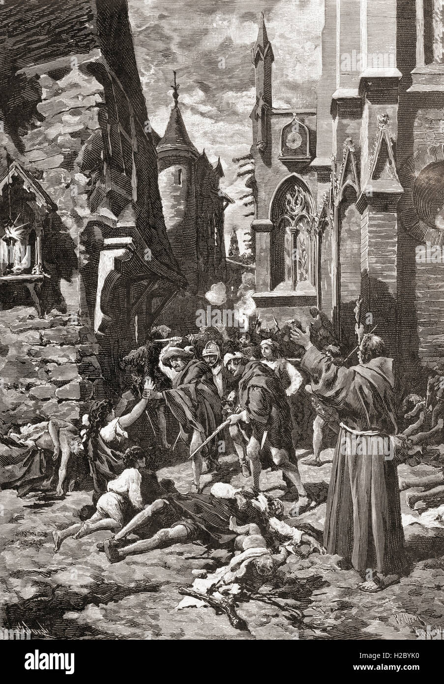 The St. Bartholomew's Day massacre in Paris, France in 1572, a targeted group of assassinations and a wave of Catholic mob violence, directed against the Huguenots (French Calvinist Protestants) during the French Wars of Religion. Stock Photo