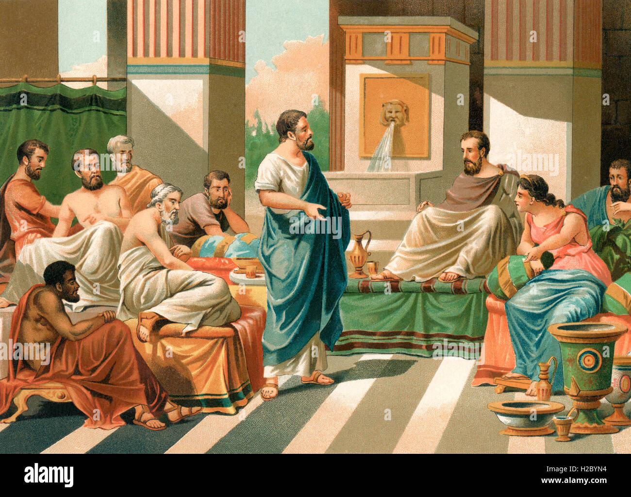 A banquet attended by the Seven Sages of Greece.  Periander, Thales, Solon, Cleobulus, Chilon, Bias, and Pittacus, seven early-6th-century BC philosophers, statesmen, and law-givers who were renowned for their wisdom. Stock Photo