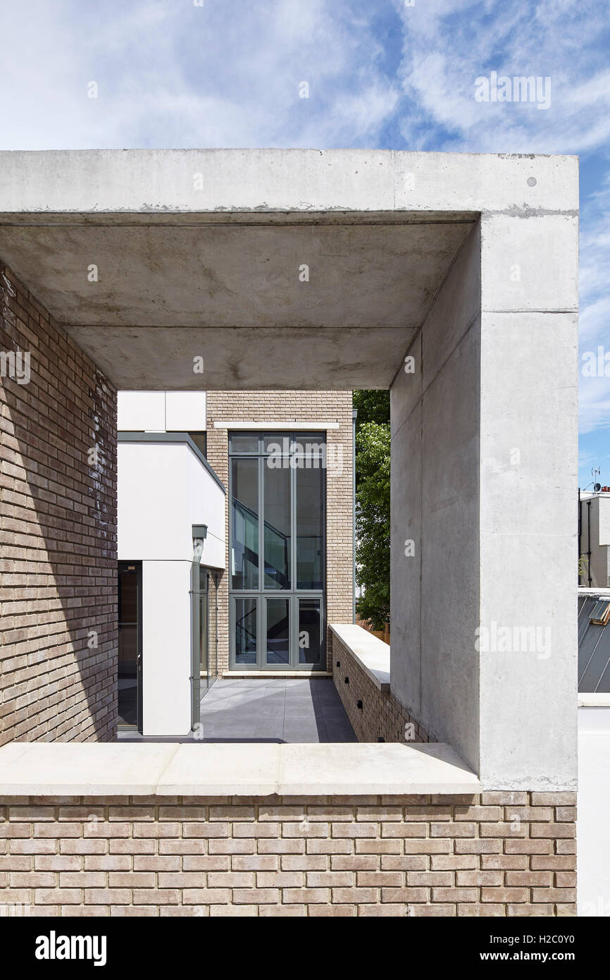 Detail of concrete and brick terrace structure looking back towards the