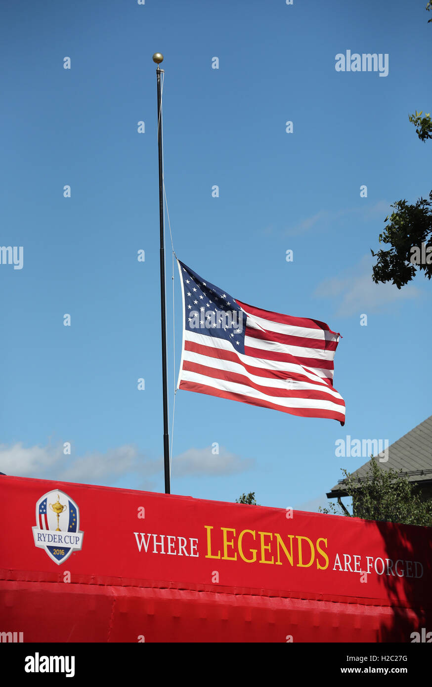 Flags fly at half mast in memory of Arnold Palmer during a practice