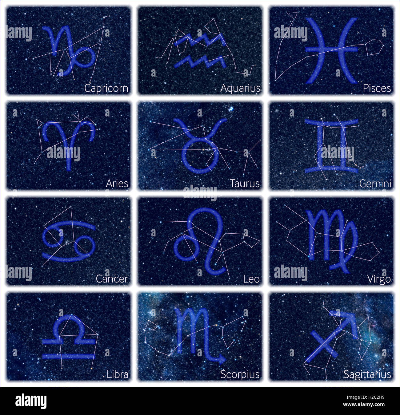 12 images of Zodiac constellations arranged in 12-panels picture. Pictures of star sky look exactly as at the real night sky Stock Photo