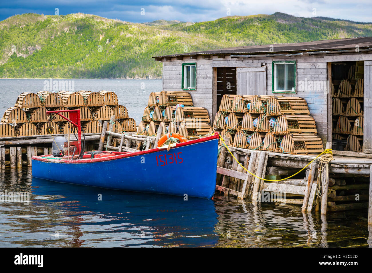 A fishing wharf and lobster traps at Curzon Village, Newfoundland and Labrador, Canada. Stock Photo
