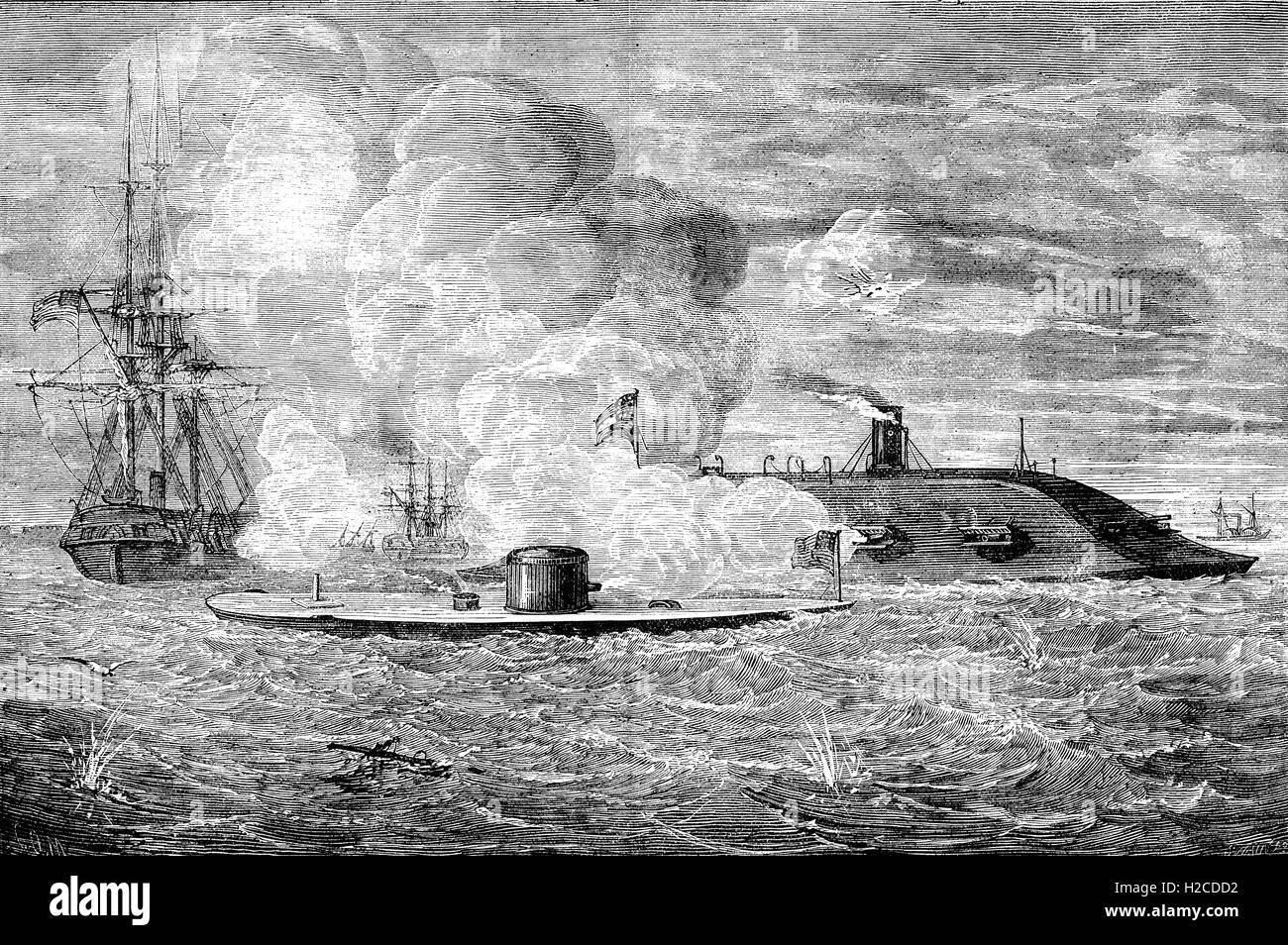 The Battle of Hampton Roads, often referred to as the Battle of Ironclads, was the first combat between ironclad warships. The Confederate ironclad ram Virginia (built from the remnants of the USS Merrimack) and the  USS Monitor. It was fought over two days, March  8th–9th, 1862, in Hampton Roads, Virginia where the Elizabeth and Nansemond rivers meet the James River just before it enters Chesapeake Bay adjacent to the city of Norfolk. Stock Photo