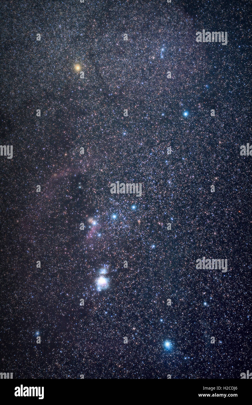 Universe space image: real photo of starry dark night sky with the winter Orion constellation. Stock Photo