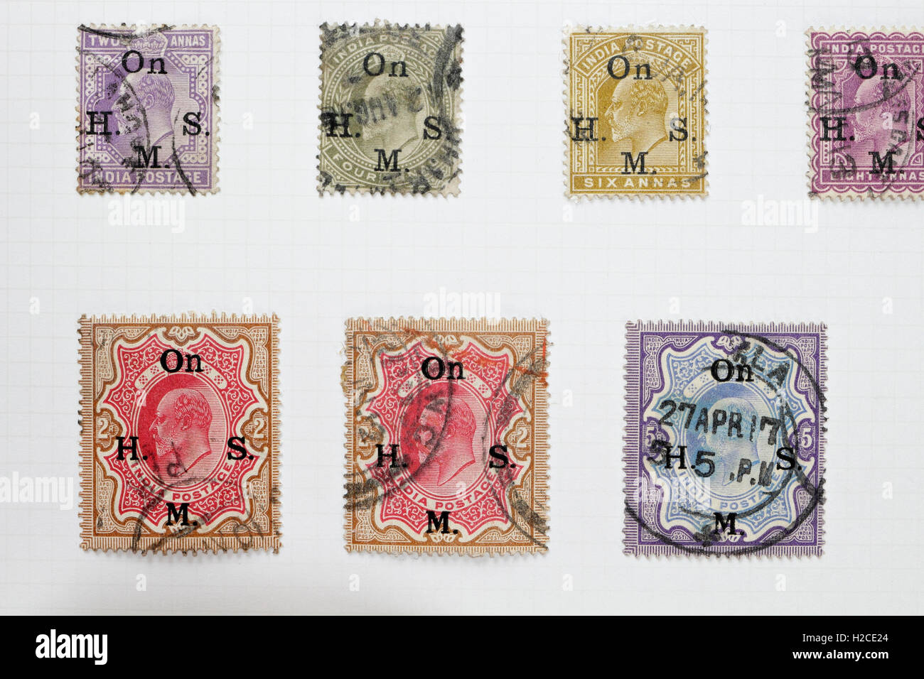Indian King Edward VII India British Empire Postage Stamps, stamp collecting hobby On his majesty's service Stock Photo