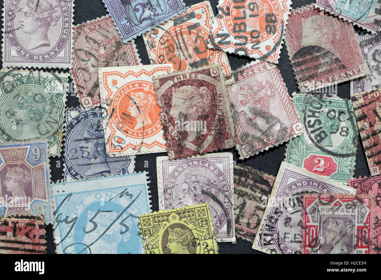 British Queen Victoria Stamps Assortment, vintage Victorian Postage stamps, stamp collecting hobby Stock Photo