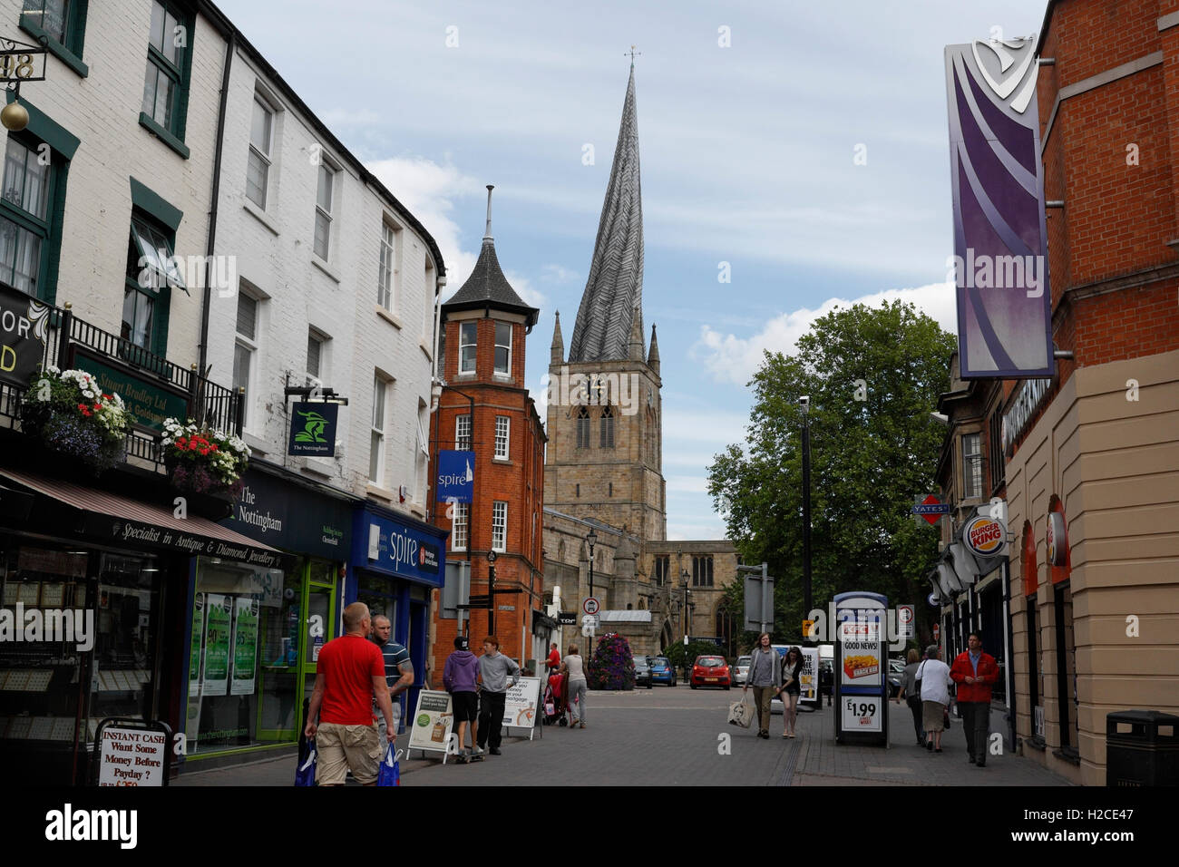 Chesterfield town centre Derbyshire England, and the crooked spire church Stock Photo