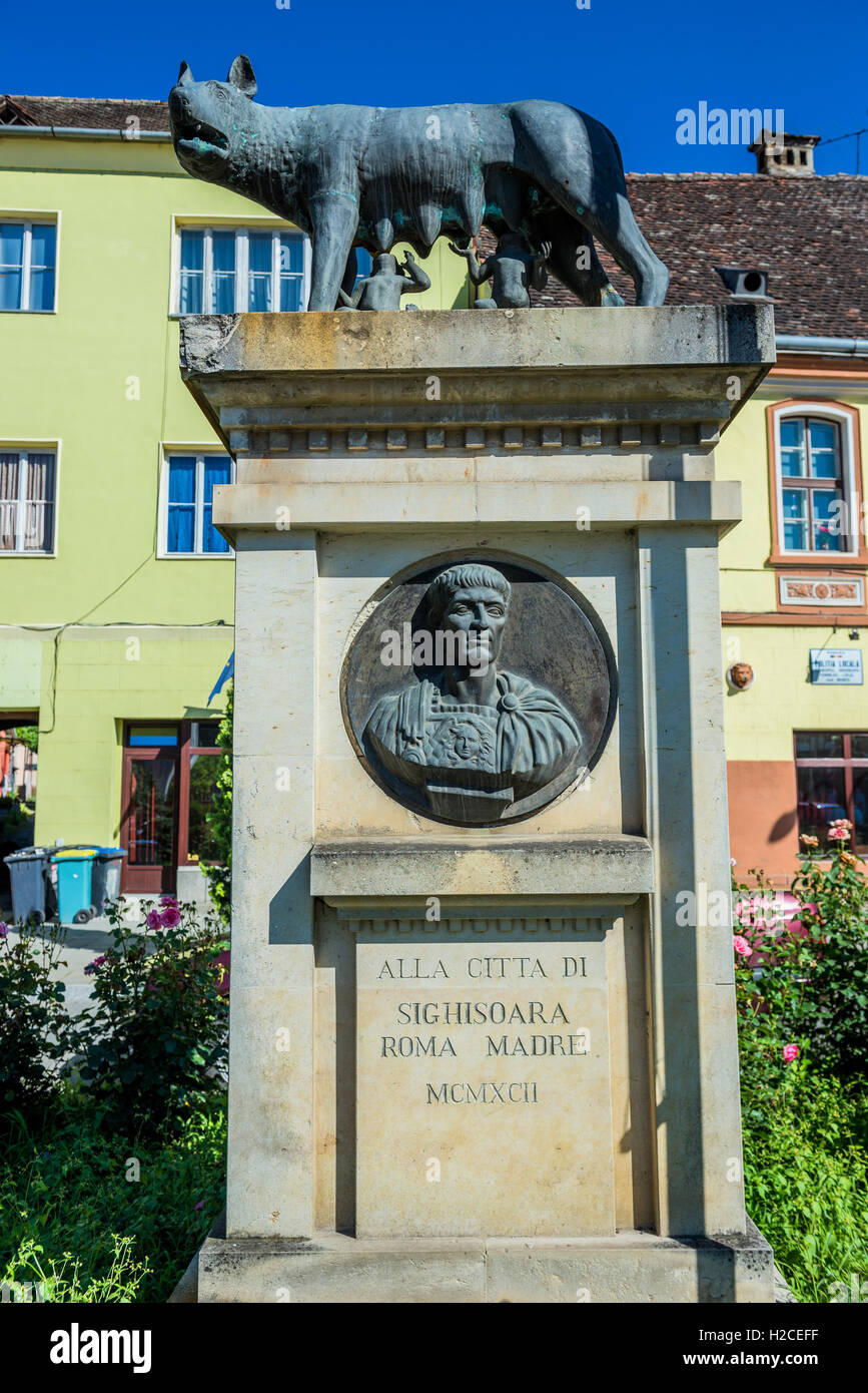 Capitoline Wolf statue with Romulus and Remus twins in Sighisoara city, Transylvania region in Romania Stock Photo