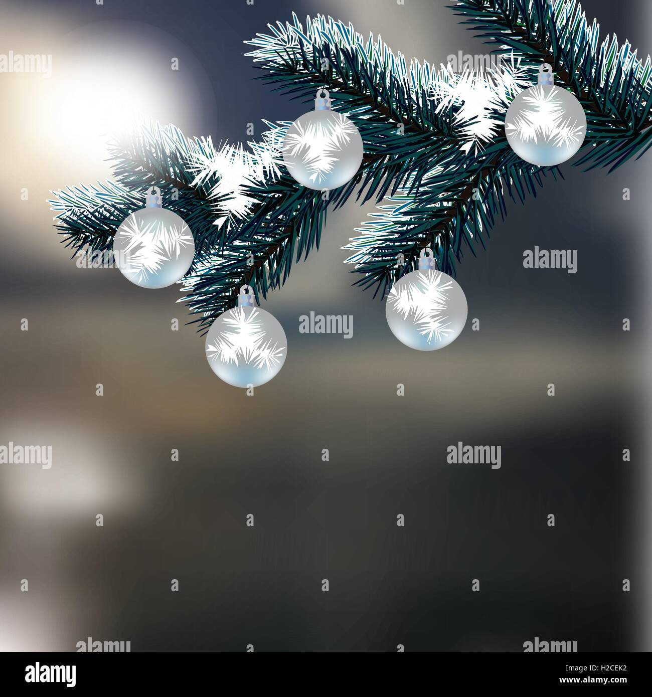 Christmas, New Year s card. Frosty winter day. Silver balls on a snow-covered branch of fir. Realistic background. illustration Stock Vector