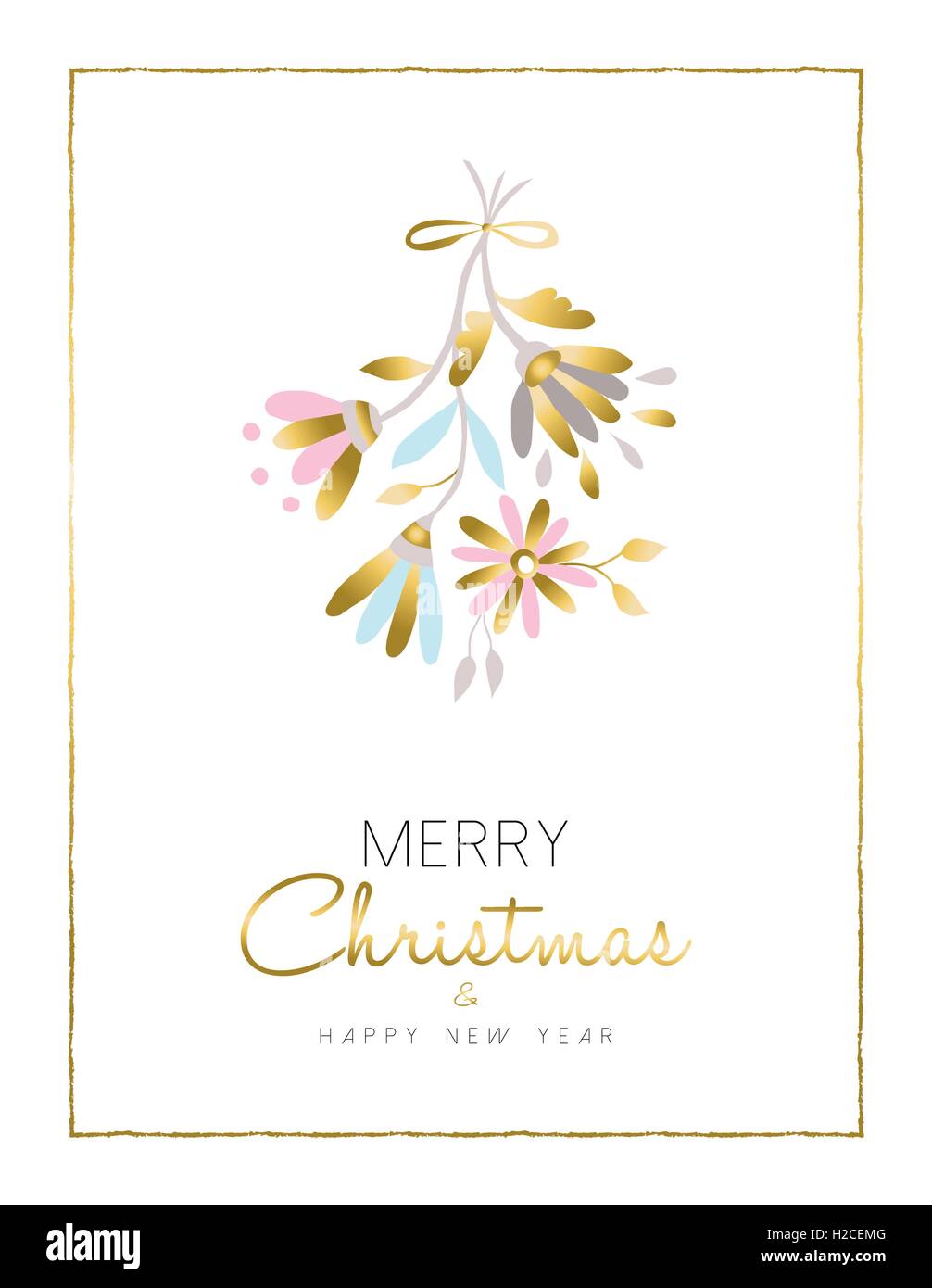 Merry Christmas and happy new year gold flower decoration as christmas mistletoe, floral design for season card. EPS10 vector. Stock Vector