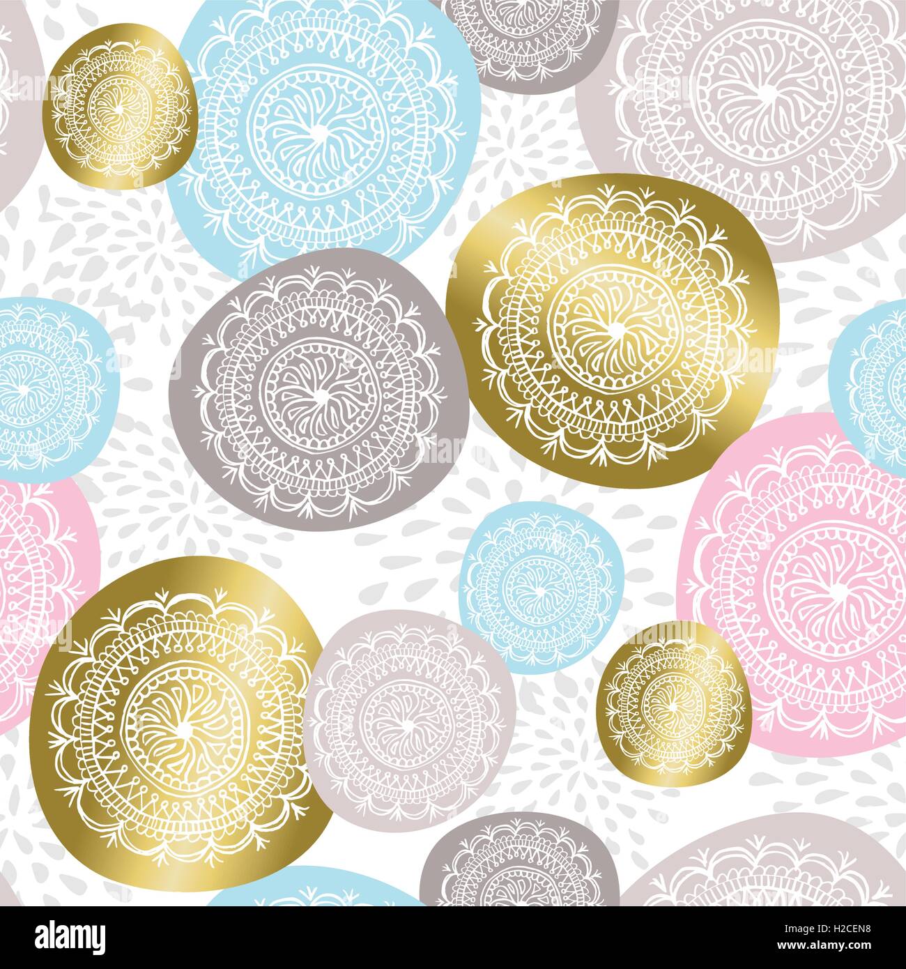 Christmas ornament seamless pattern in gold color with hand drawn flower mandala designs. EPS10 vector. Stock Vector
