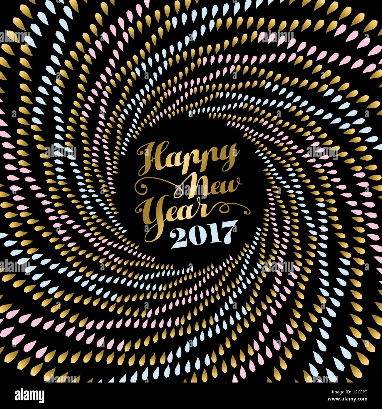 Happy New Year 2017, holiday design in gold color with abstract mandala art over black background. EPS10 vector. Stock Vector