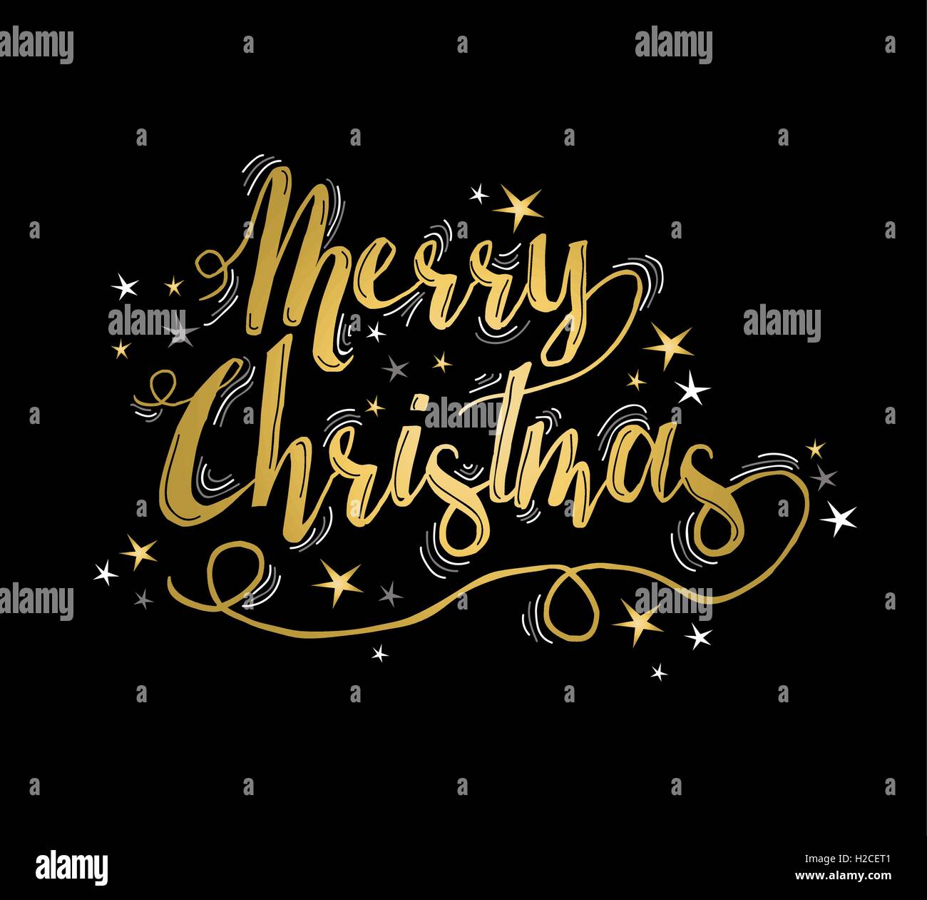 Merry christmas gold lettering design with stars. Xmas calligraphy text quote for holiday greeting card. EPS10 vector. Stock Vector