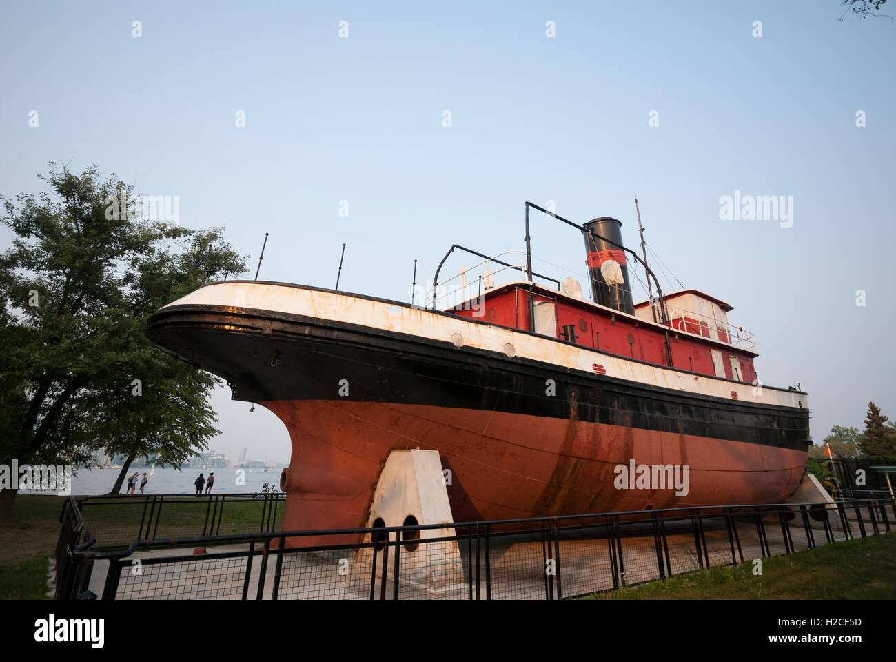 The historic tugboat named after champion rower Ned Hanlan on display at the ferry dock of Hanlans Point, Toronto Island Canada Stock Photo