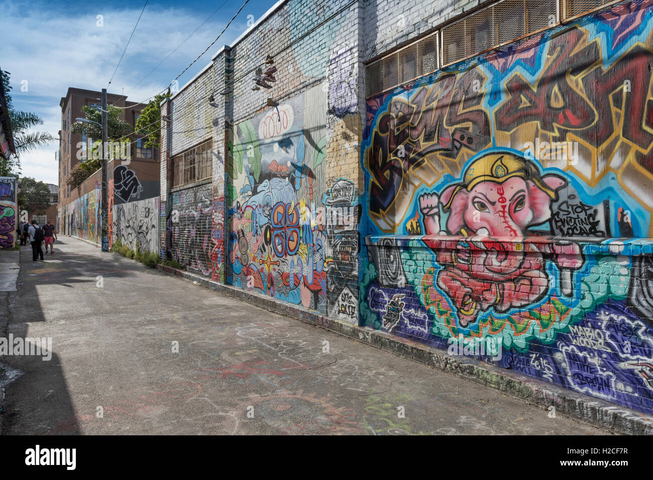 Murals and graffiti art on walls in Clarion Alley, in the Mission