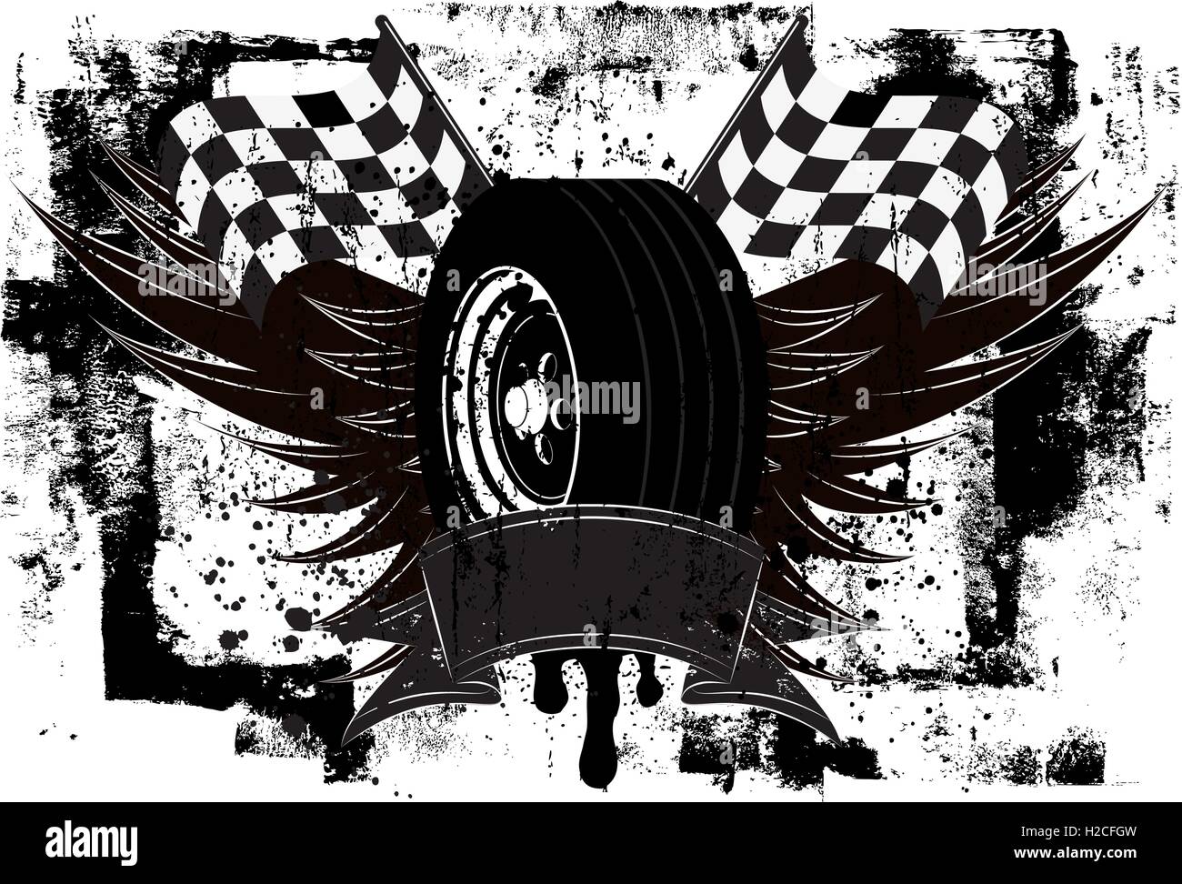 Racing Wings Insignia A race car tire in front of wings and a checkered flags over a grunge background. Stock Vector
