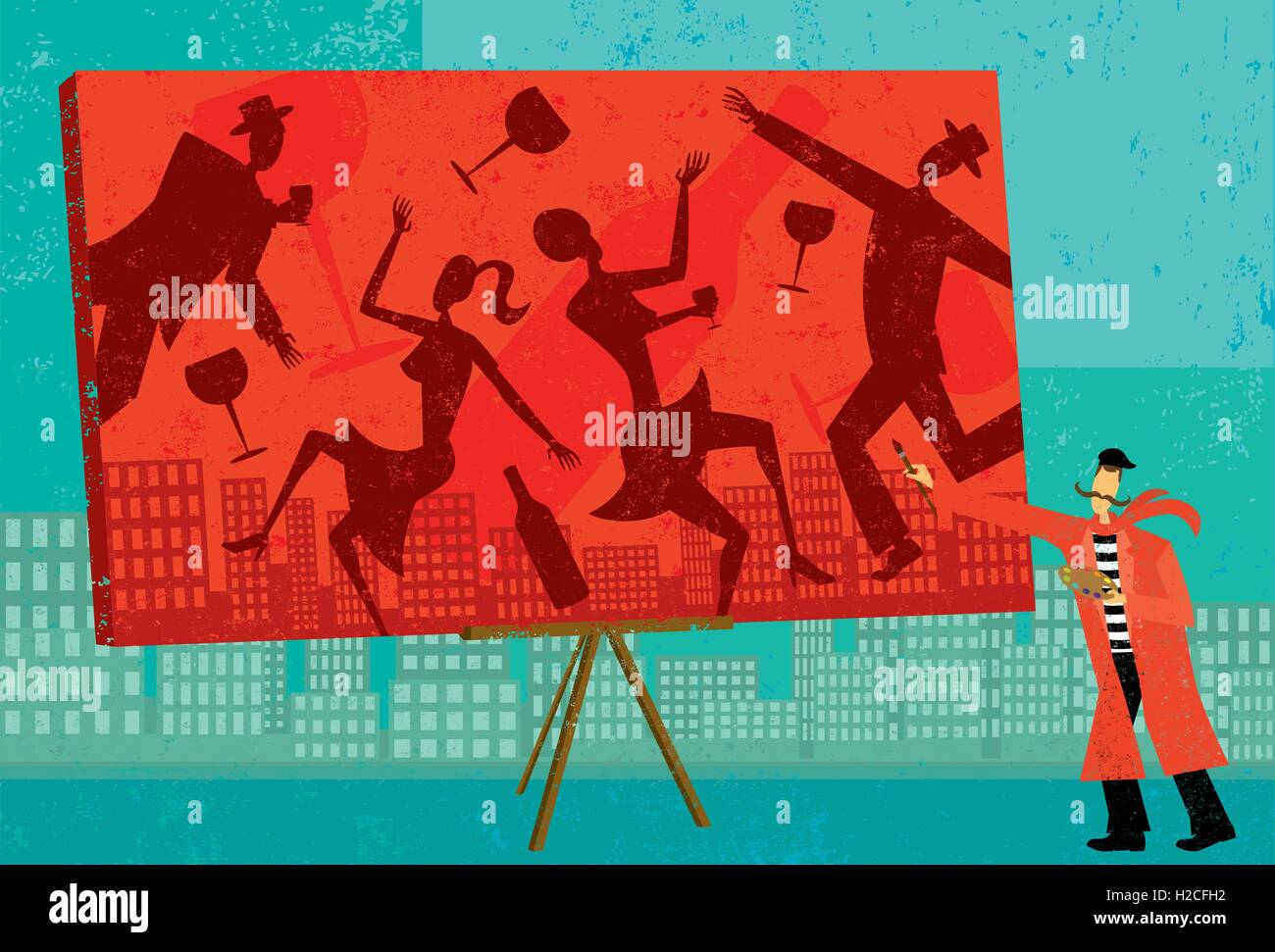 Painting the town red An artist paints the town red with people celebrating. Stock Vector