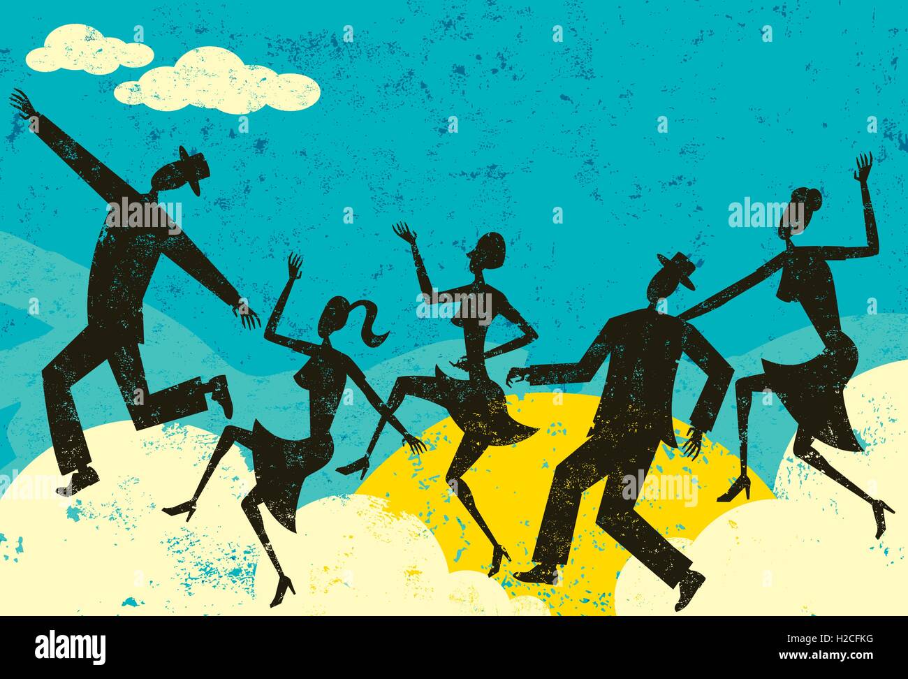 Cloud Dancers People in silhouette dancing on clouds over sunny abstract sky. The people and background are on separate labeled Stock Vector