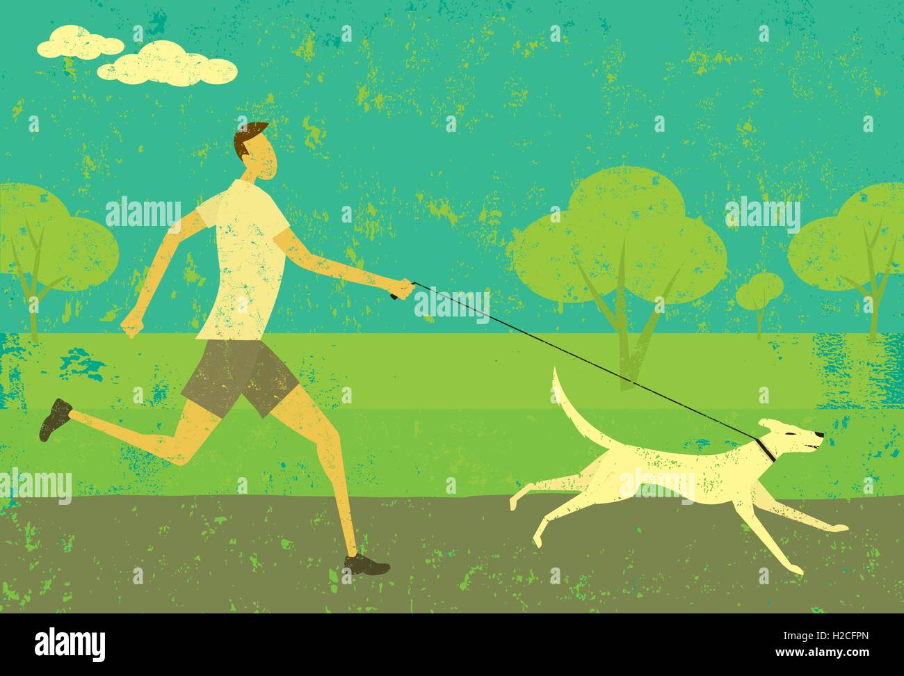Running with your dog A man running with his dog over an abstract park background. Stock Vector