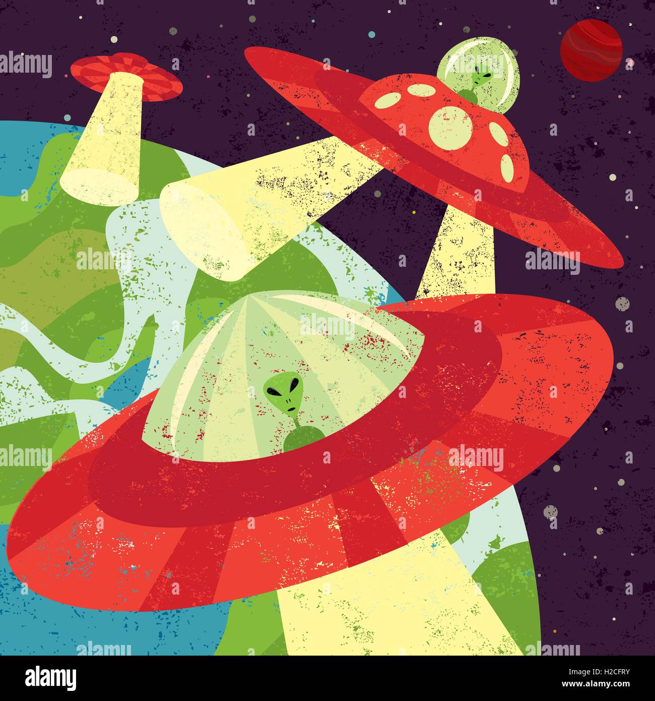 Martian Invasion Martians in spaceships starting their invasion. Stock Vector