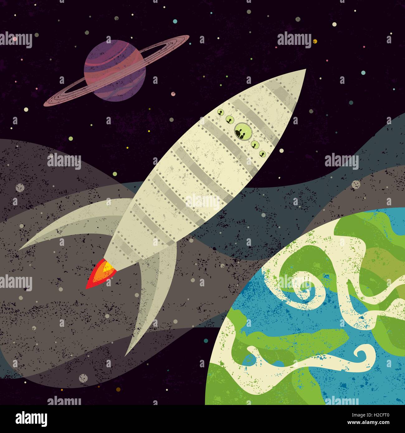 Space exploration Retro-styled rocket exploring planets in outer space. Stock Vector