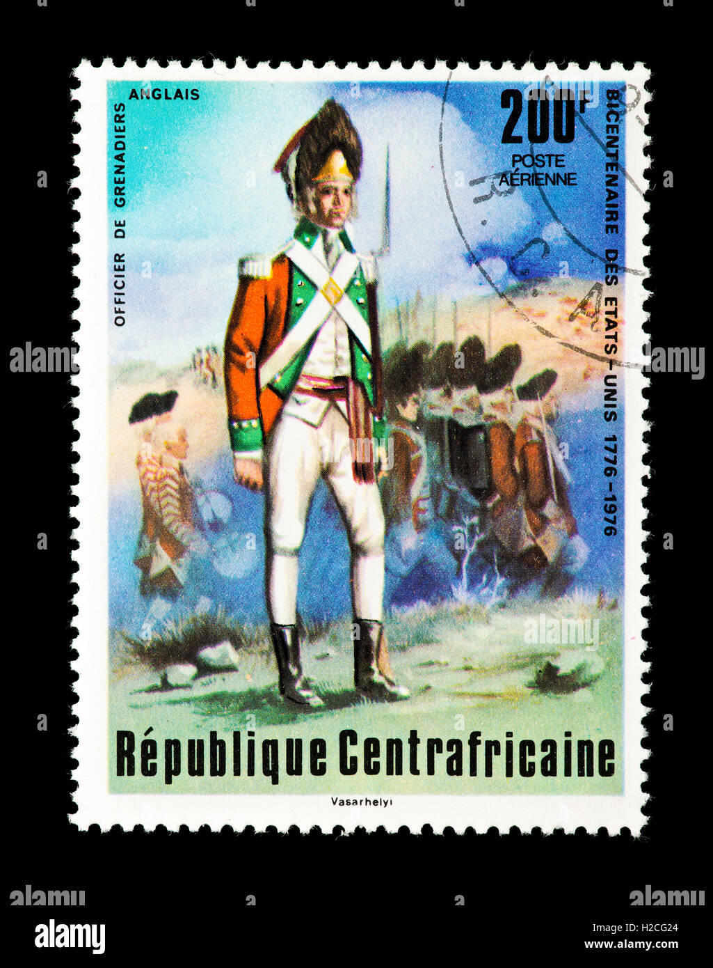 Postage stamp from the Central African Republic depicting British Grenadier soldier from the American Revolutionary war Stock Photo