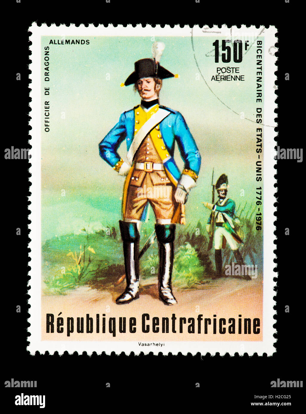 Postage stamp from the Central African Republic depicting a German dragoon soldier from the American Revolutionary war. Stock Photo
