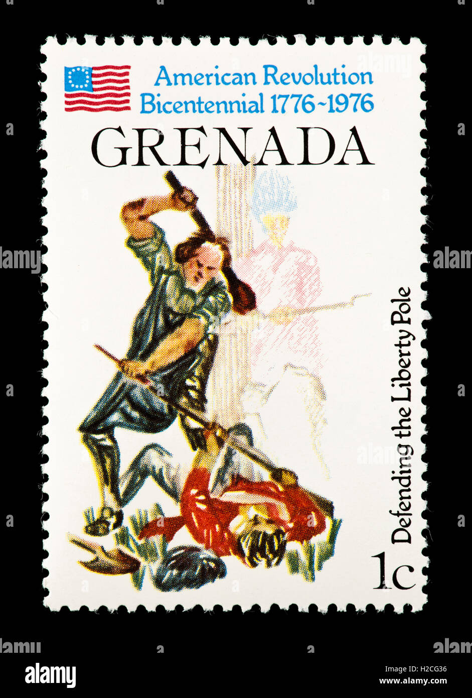 Postage stamp from Grenada depicting the defense of the Liberty Pole, bicentennial of the American Revolution. Stock Photo