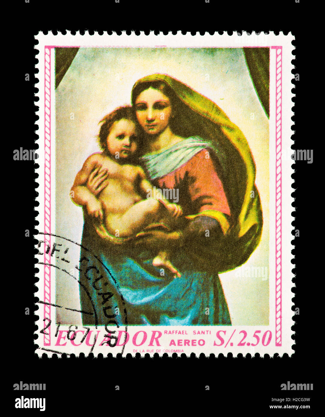 Postage stamp from Ecuador depicting the Raphael painting of Madonna and child in the Sistine Chapel. Stock Photo