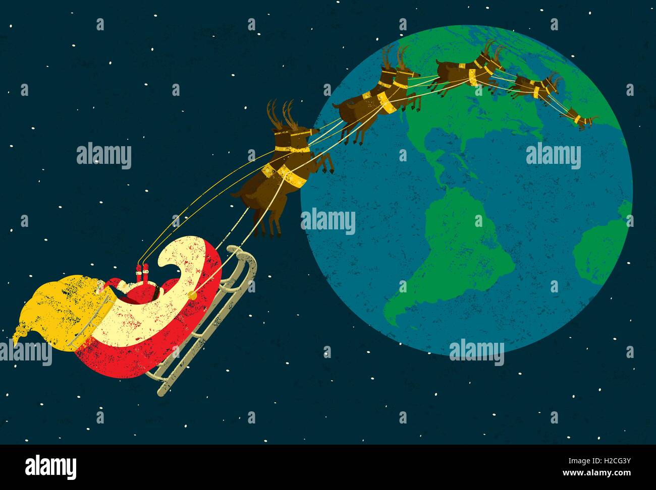 Santa delivering presents Santa Claus flying around the world in his sleigh being pulled by his reindeer. Stock Vector