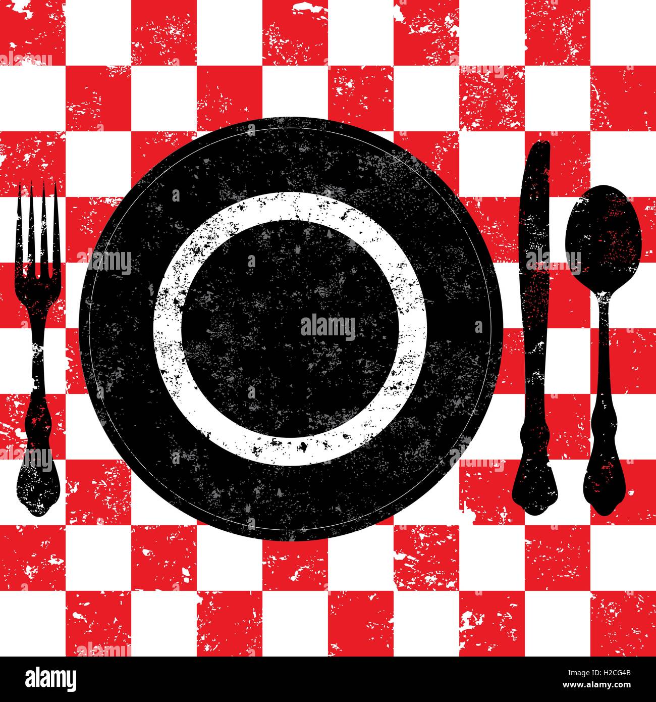 Picnic place setting Silverware and plate over a red checkerboard tablecloth background. Stock Vector