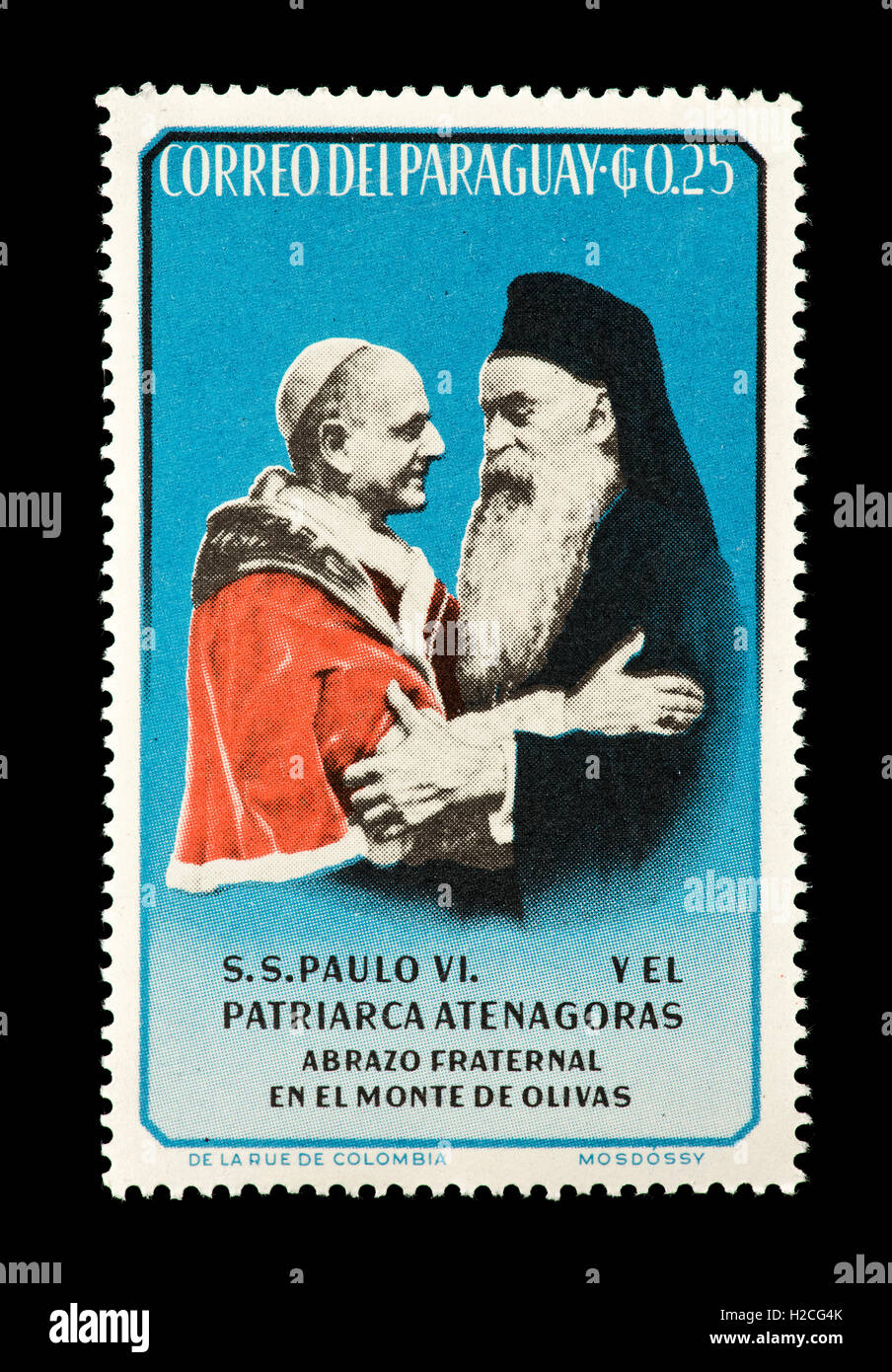 Postage stamp from Paraguay depicting Pope Paul Vi and Patriarch Athenagoras. Stock Photo