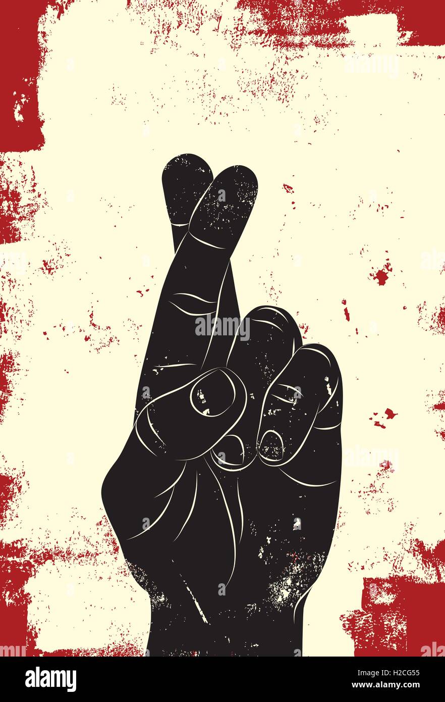 Fingers crossed Hand with fingers crossed for good luck behind a banner for text over a grunge background. Stock Vector