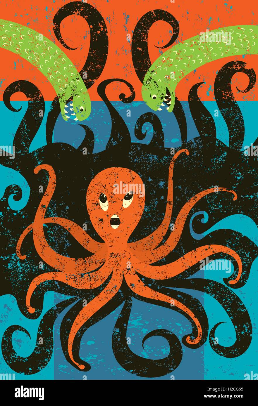Escaping into Inky Blackness An octopus releasing ink to get away from very large and hungry sea snakes. The octopus & sea snake Stock Vector