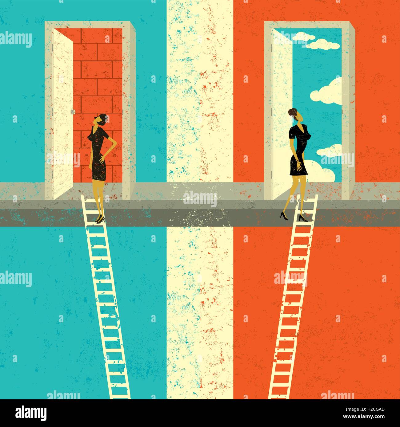 Finding the Right Opportunity Two businesswomen climbing the corporate ladder. Stock Vector