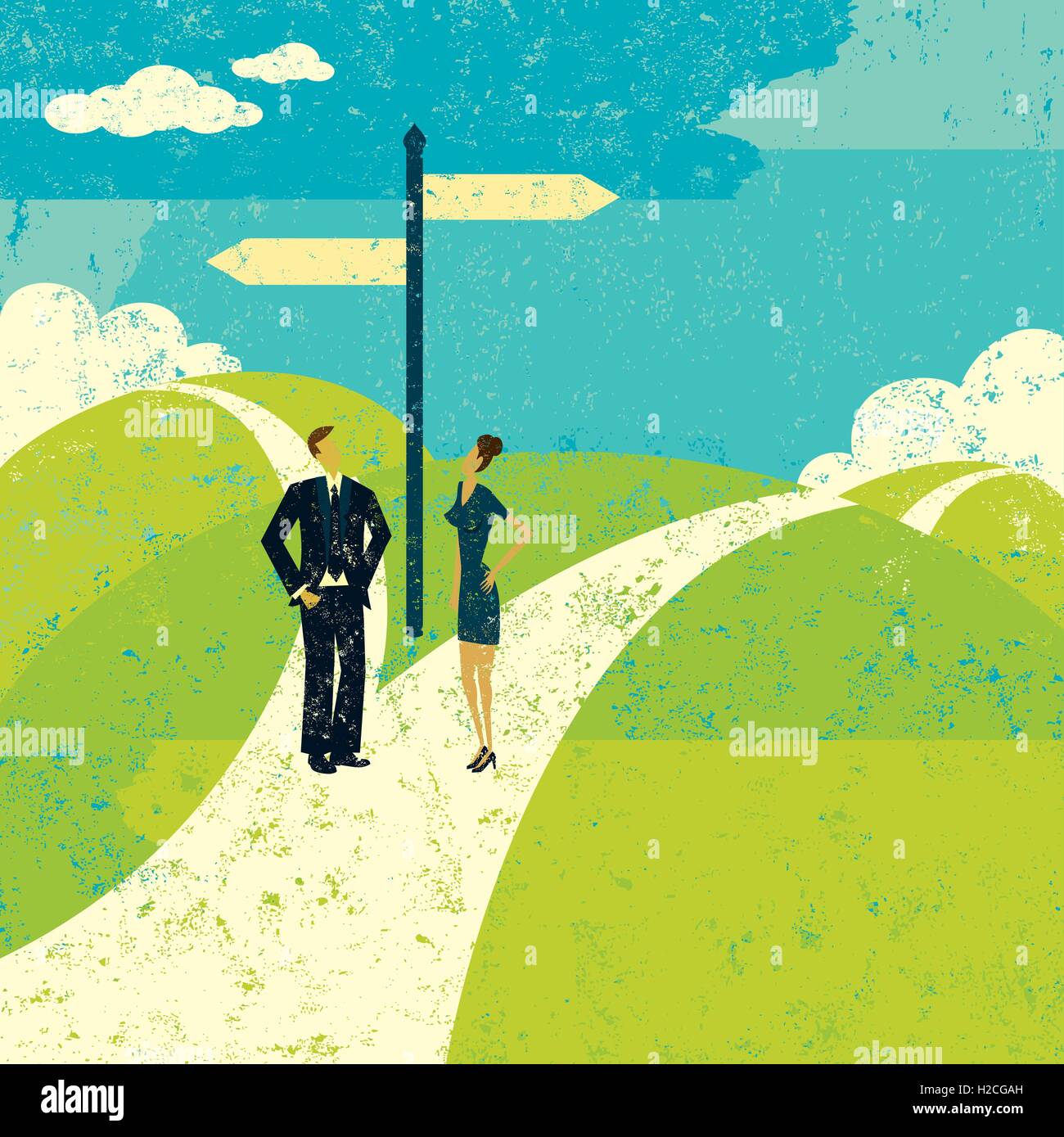 Fork in the Road A man and woman looking at a fork in the road and wondering which way to go. Stock Vector