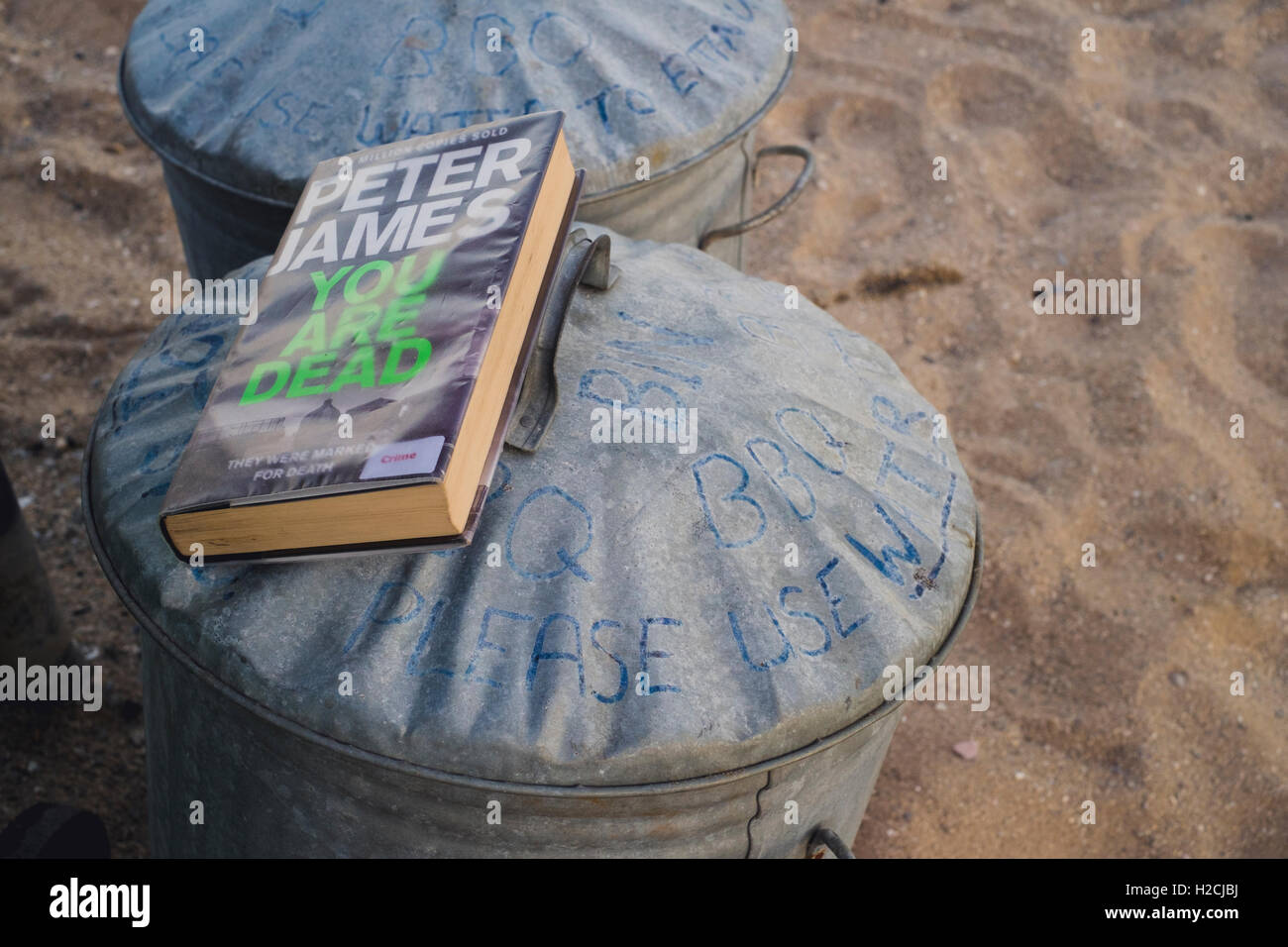 A library book left on top of the bar be que waste bins at Gyllyngvase Beach, Falmouth Stock Photo