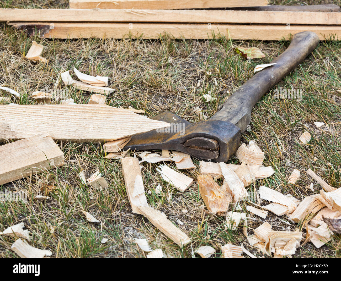 Rough old ax and cutting boards Stock Photo