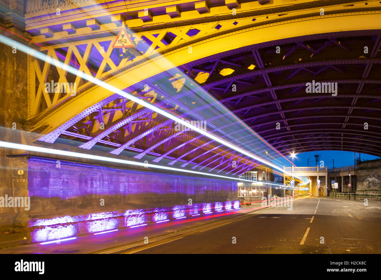 Long exposure of light trails from a bus entering the High Level Bridge ...