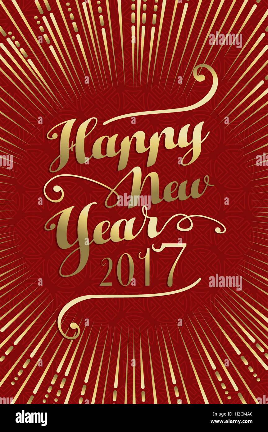 Happy New Year 2017 gold and red color lettering design illustration background. Ideal for holiday greeting card or poster. Stock Vector