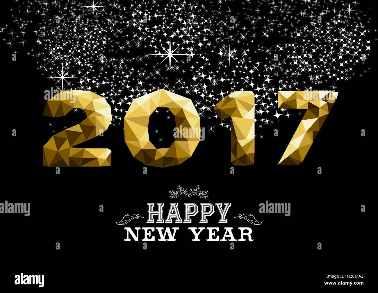 Happy new year 2017 gold low poly geometry design on night firework background. Ideal for greeting card, party invitation or web Stock Vector