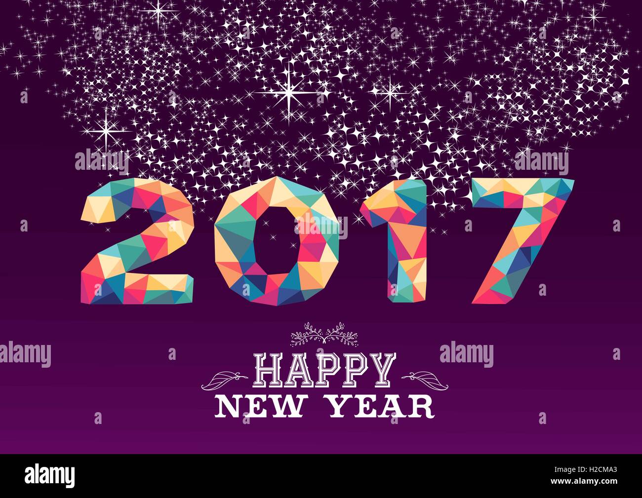 Happy new year 2017 low poly geometry design on night firework background. Ideal for greeting card, party invitation or web. Stock Vector