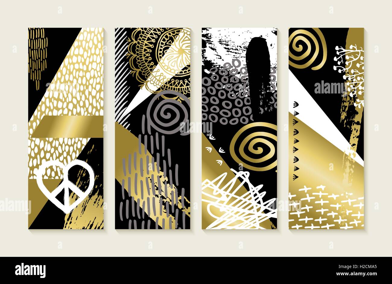 Set of abstract memphis art style designs in gold color with hand drawn illustrations and grunge decoration. EPS10 vector. Stock Vector